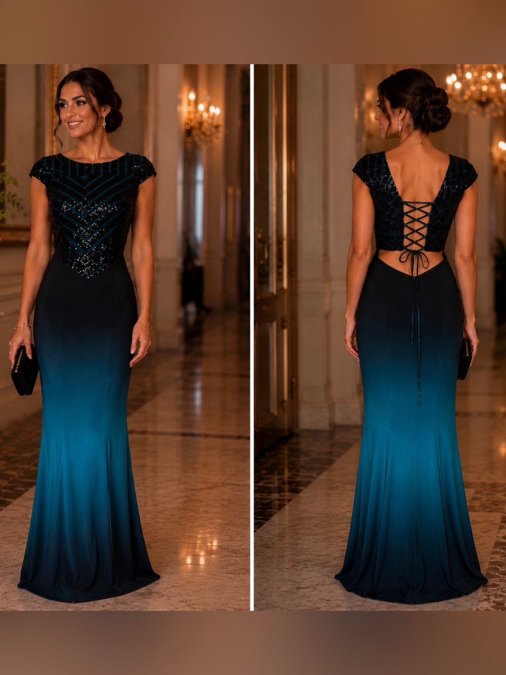 Teal Ombre Beaded Maxi Dress with Lace-Up Back